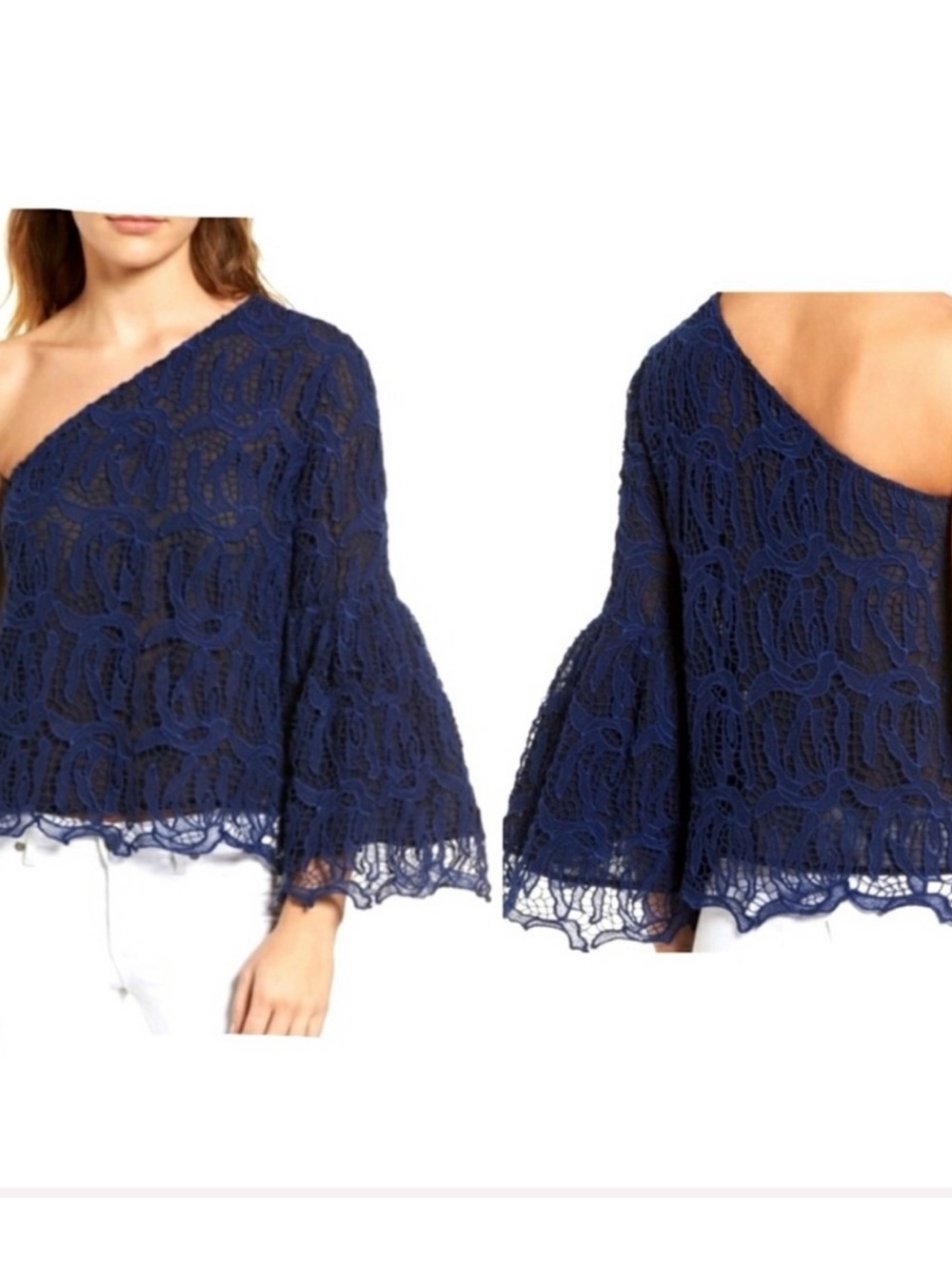 Chelsea28 Navy One-Shoulder Lace Bell-Sleeve Top